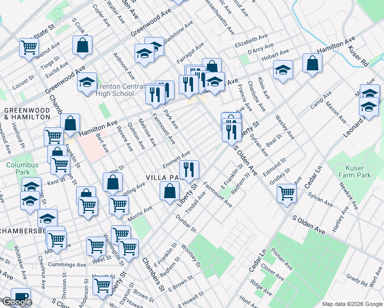 map of restaurants, bars, coffee shops, grocery stores, and more near 950 Park Avenue in Trenton