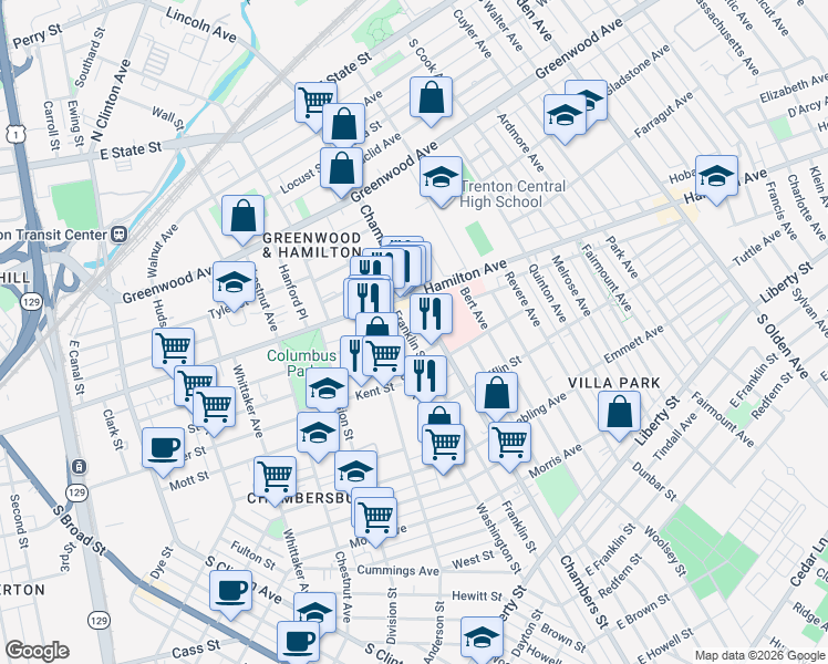 map of restaurants, bars, coffee shops, grocery stores, and more near 537 Hamilton Avenue in Trenton