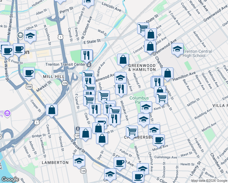 map of restaurants, bars, coffee shops, grocery stores, and more near 248 Tyler Street in Trenton