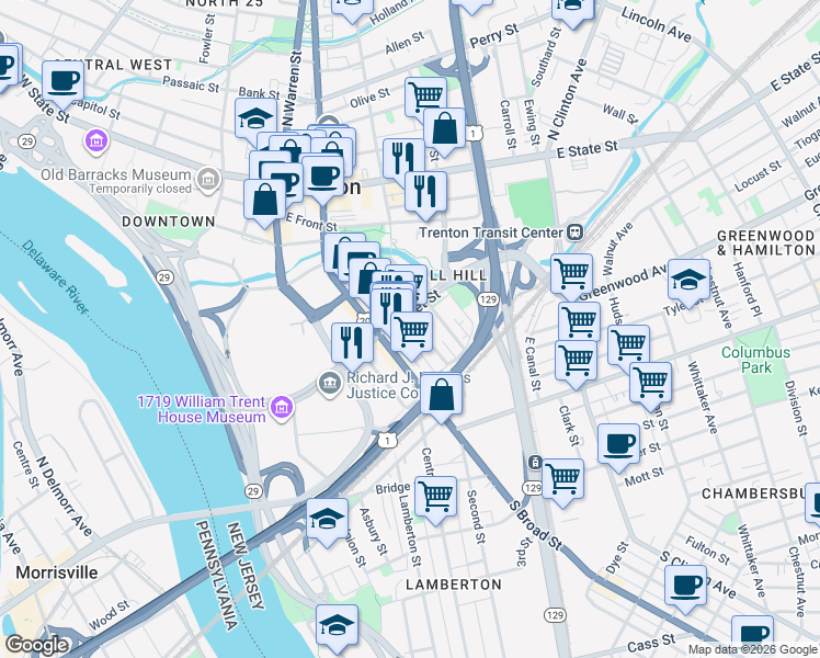 map of restaurants, bars, coffee shops, grocery stores, and more near 143 Jackson Street in Trenton