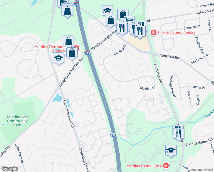 map of restaurants, bars, coffee shops, grocery stores, and more near 589 South Dove Road in Yardley