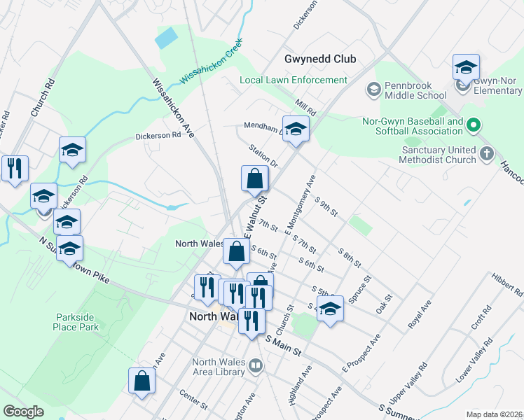 map of restaurants, bars, coffee shops, grocery stores, and more near 710 East Walnut Street in North Wales