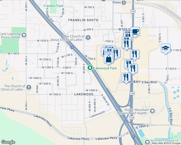 map of restaurants, bars, coffee shops, grocery stores, and more near 400 West 1300 South in Provo