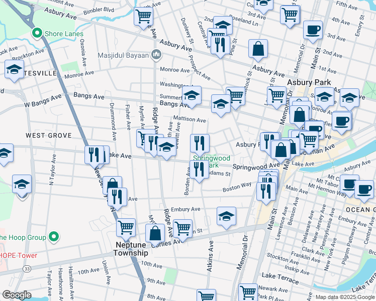 map of restaurants, bars, coffee shops, grocery stores, and more near 135 Borden Avenue in Asbury Park