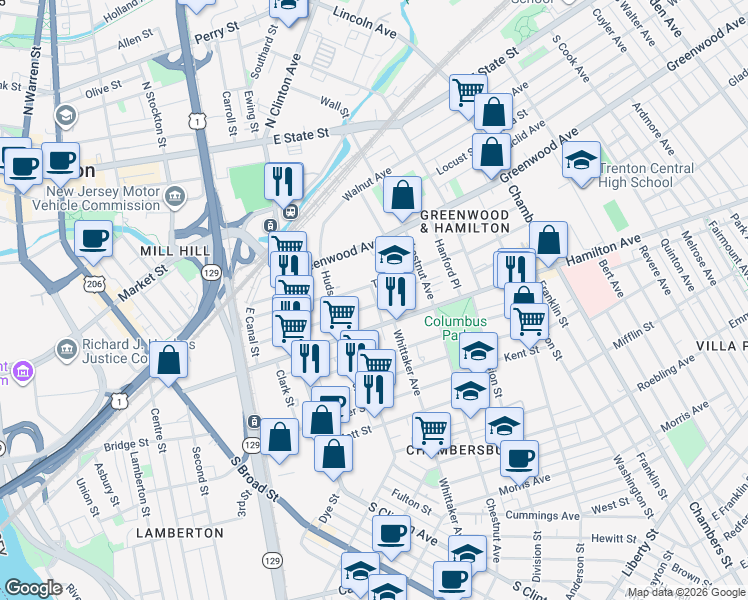 map of restaurants, bars, coffee shops, grocery stores, and more near 248 Pearl Street in Trenton