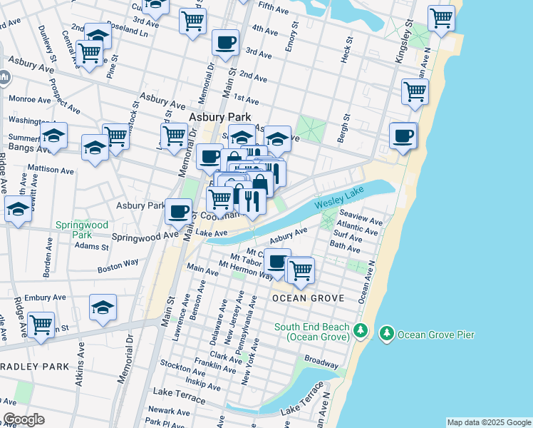 map of restaurants, bars, coffee shops, grocery stores, and more near 521 Lake Avenue in Asbury Park