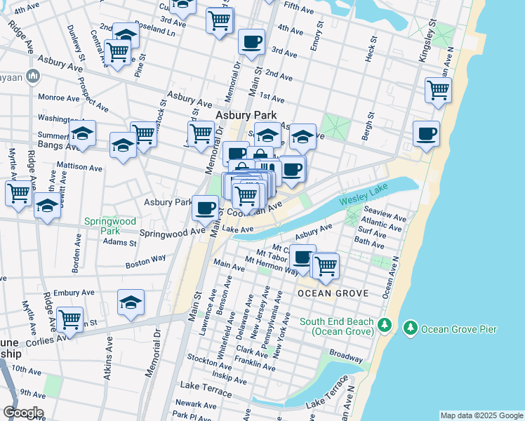 map of restaurants, bars, coffee shops, grocery stores, and more near 612 Cookman Avenue in Asbury Park