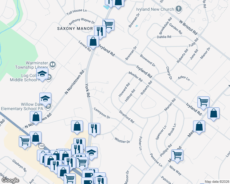 map of restaurants, bars, coffee shops, grocery stores, and more near 989 Mueller Road in Warminster