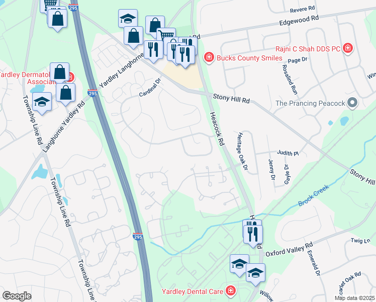 map of restaurants, bars, coffee shops, grocery stores, and more near 1678A Bluebird Drive in Yardley
