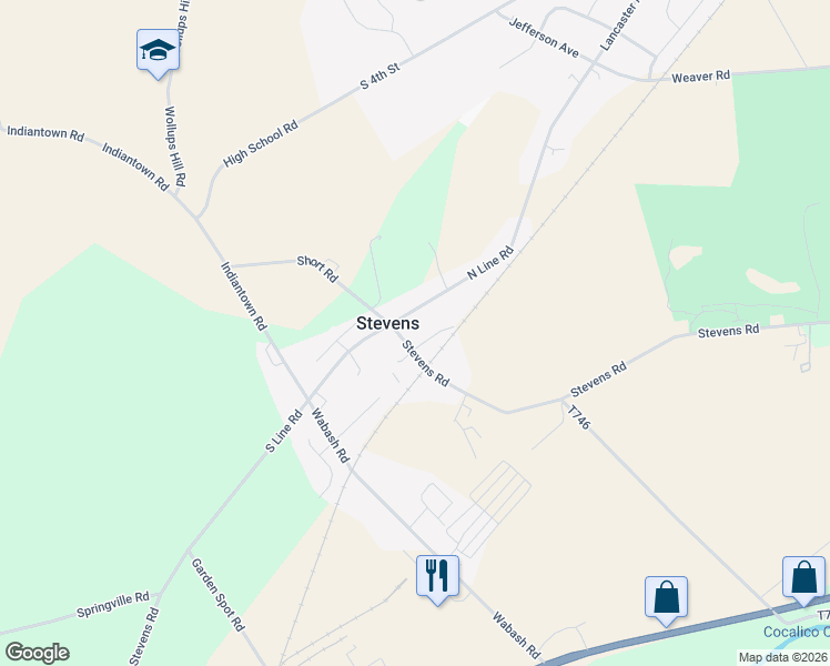 map of restaurants, bars, coffee shops, grocery stores, and more near 45 North Line Road in Stevens