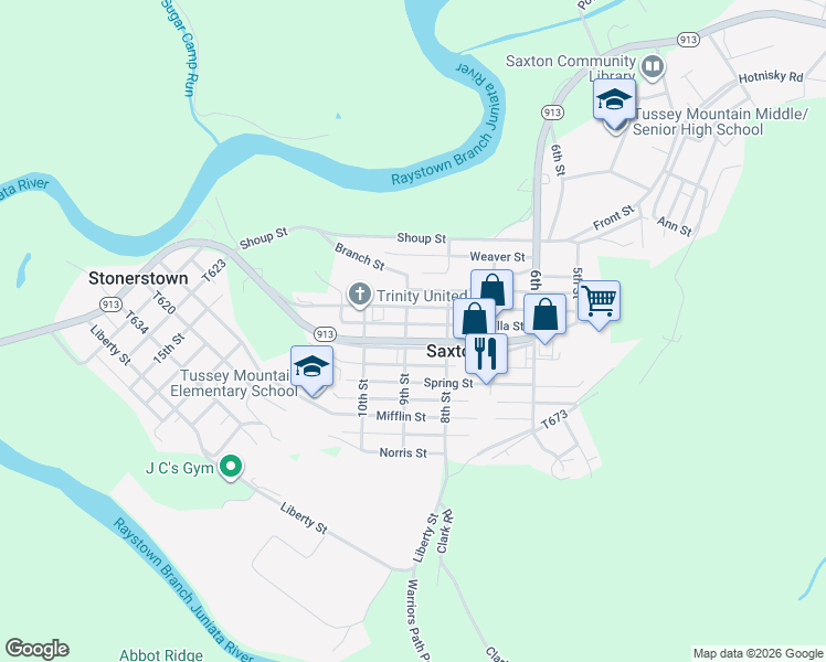 map of restaurants, bars, coffee shops, grocery stores, and more near 355-399 Church Street in Saxton