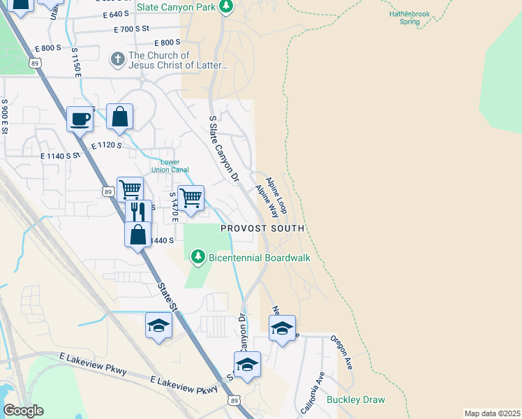 map of restaurants, bars, coffee shops, grocery stores, and more near 1343 South Slate Canyon Drive in Provo