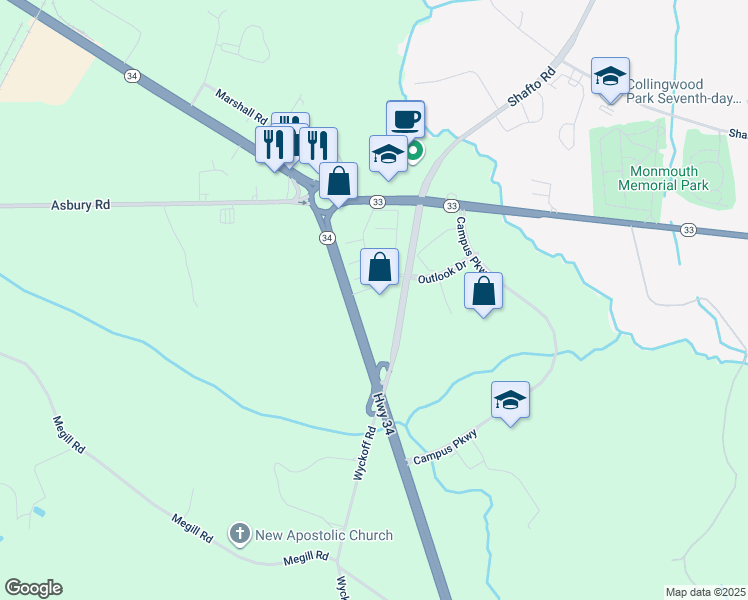 map of restaurants, bars, coffee shops, grocery stores, and more near 1310 New Jersey 34 in Wall Township