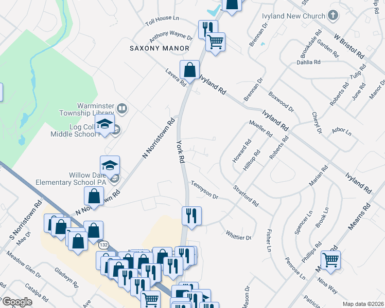 map of restaurants, bars, coffee shops, grocery stores, and more near 107 Lexington Court in Warminster