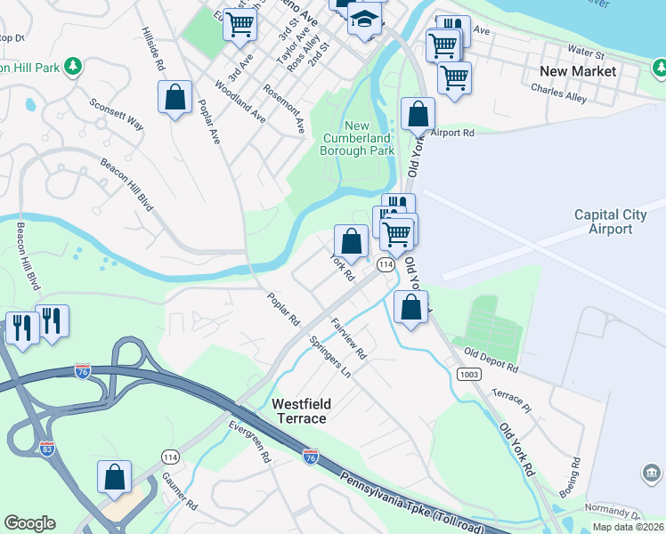 map of restaurants, bars, coffee shops, grocery stores, and more near 208 York Road in New Cumberland