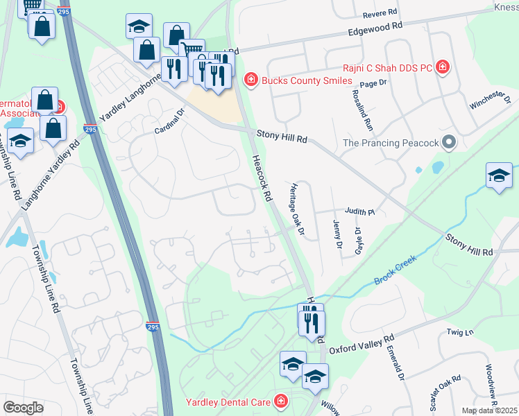 map of restaurants, bars, coffee shops, grocery stores, and more near 1643A Bluebird Drive in Yardley