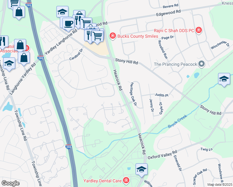 map of restaurants, bars, coffee shops, grocery stores, and more near 1643A Bluebird Drive in Yardley