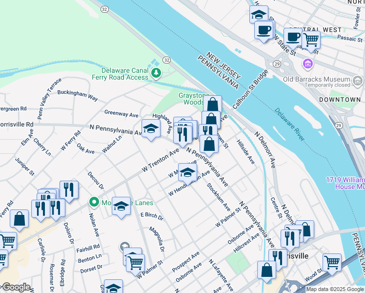 map of restaurants, bars, coffee shops, grocery stores, and more near 2 West Trenton Avenue in Morrisville