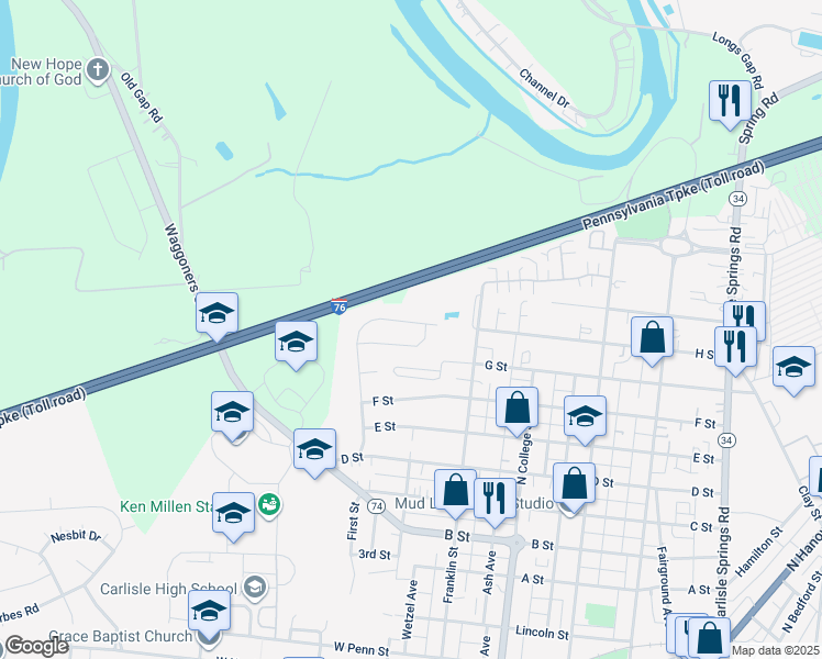 map of restaurants, bars, coffee shops, grocery stores, and more near 1145 Redwood Drive in Carlisle