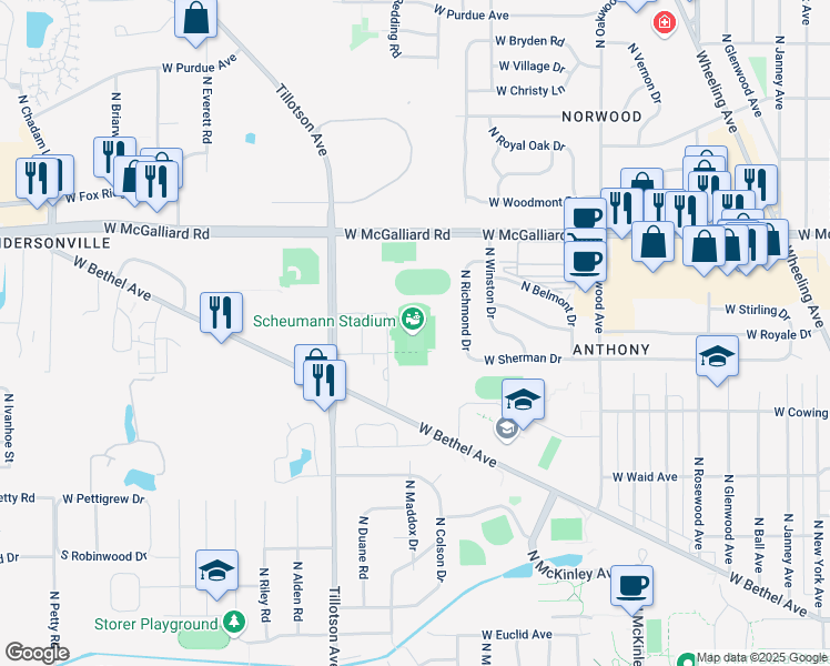 map of restaurants, bars, coffee shops, grocery stores, and more near 3300 Tillotson Avenue in Muncie