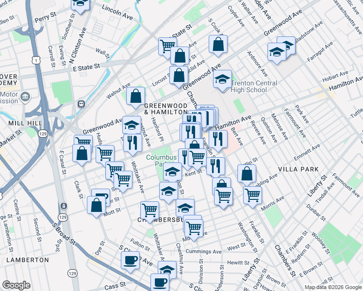 map of restaurants, bars, coffee shops, grocery stores, and more near in Trenton