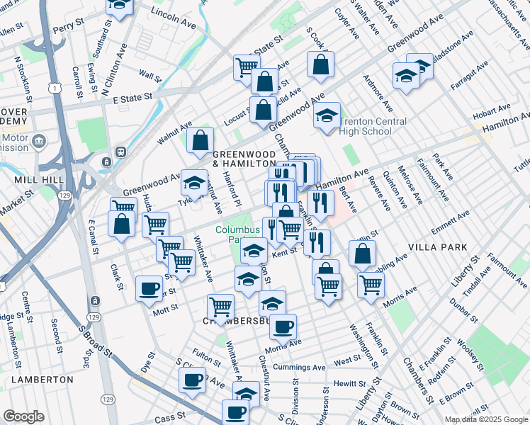 map of restaurants, bars, coffee shops, grocery stores, and more near in Trenton