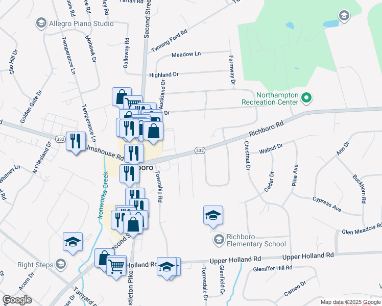 map of restaurants, bars, coffee shops, grocery stores, and more near 65 Richboro Road in Richboro