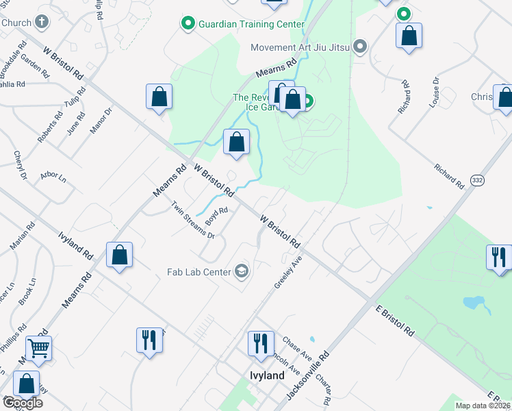 map of restaurants, bars, coffee shops, grocery stores, and more near 363 West Bristol Road in Warminster
