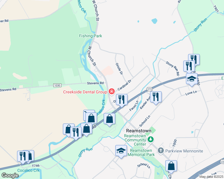 map of restaurants, bars, coffee shops, grocery stores, and more near 8 Cardinal Drive in Stevens