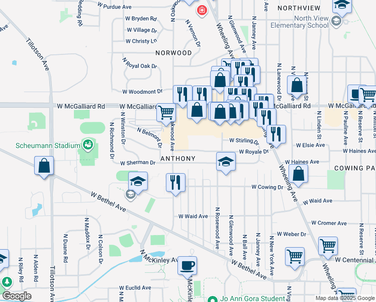 map of restaurants, bars, coffee shops, grocery stores, and more near 1904 West Royale Drive in Muncie