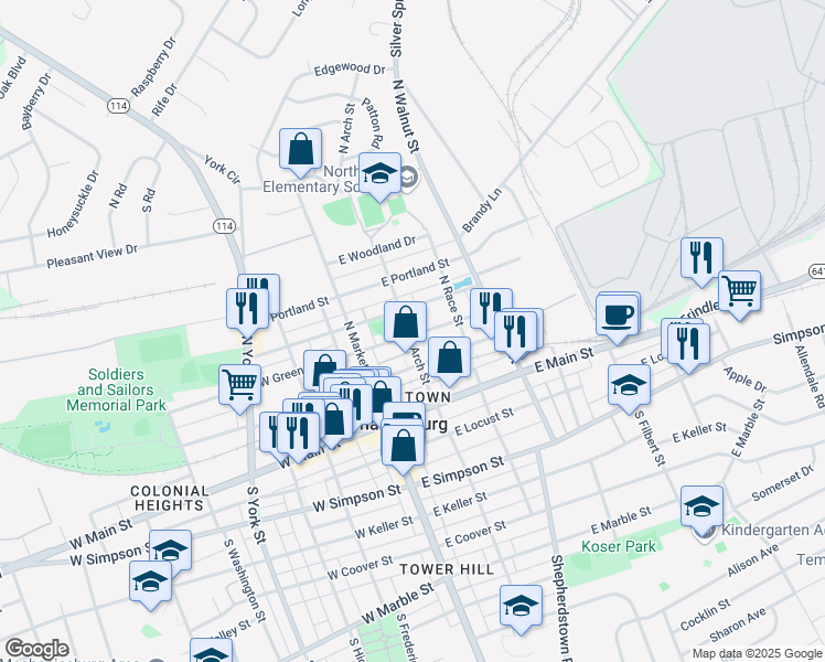 map of restaurants, bars, coffee shops, grocery stores, and more near 101 East Green Street in Mechanicsburg
