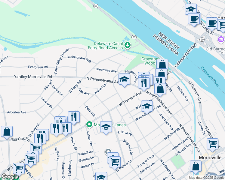map of restaurants, bars, coffee shops, grocery stores, and more near 819 North Lafayette Avenue in Yardley