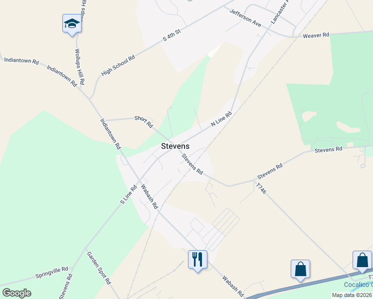 map of restaurants, bars, coffee shops, grocery stores, and more near 45 North Line Road in Stevens
