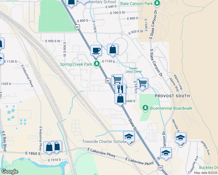 map of restaurants, bars, coffee shops, grocery stores, and more near 1141 East 1320 South in Provo