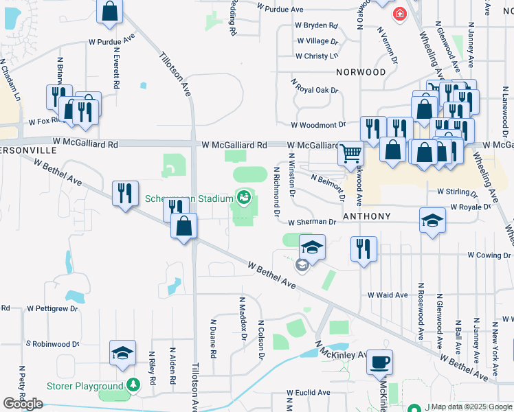 map of restaurants, bars, coffee shops, grocery stores, and more near 3300 Tillotson Avenue in Muncie