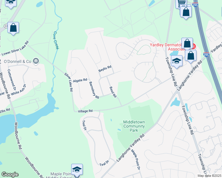 map of restaurants, bars, coffee shops, grocery stores, and more near 38 Basil Road in Langhorne