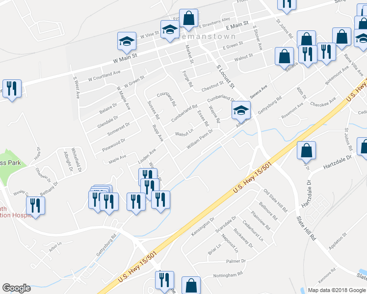 map of restaurants, bars, coffee shops, grocery stores, and more near 32 William Penn Drive in Camp Hill