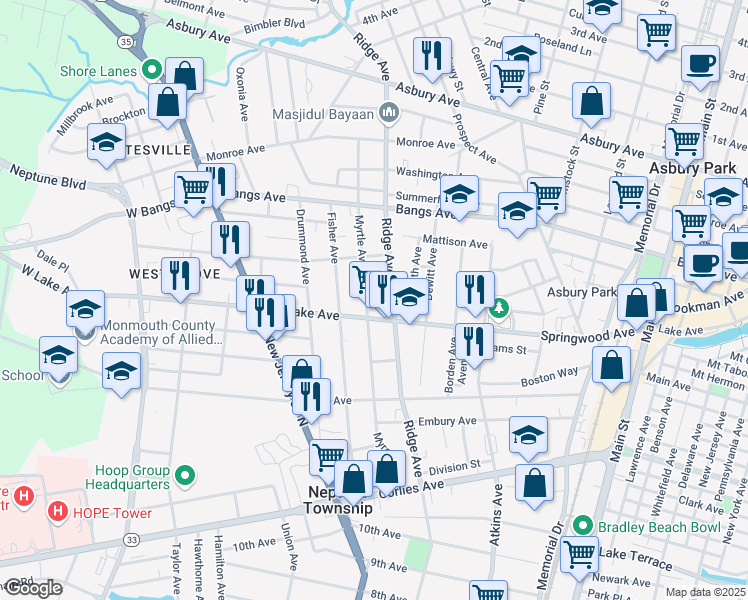 map of restaurants, bars, coffee shops, grocery stores, and more near 312 Myrtle Avenue in Neptune