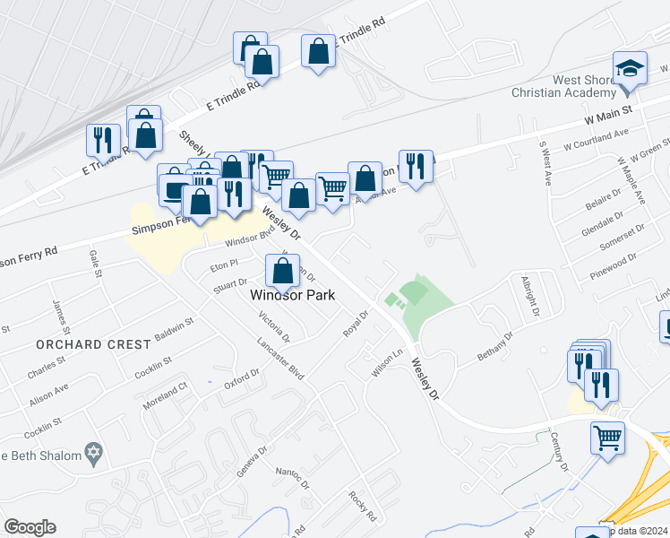 map of restaurants, bars, coffee shops, grocery stores, and more near 2 Robin Court in Mechanicsburg