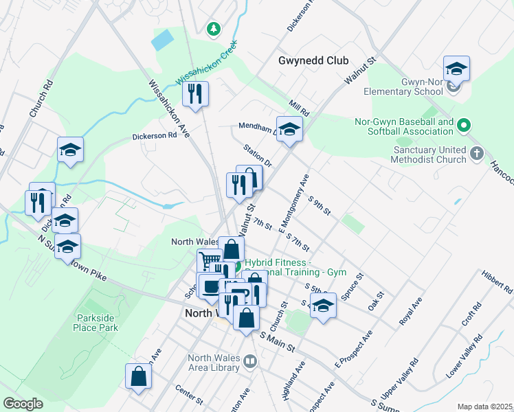 map of restaurants, bars, coffee shops, grocery stores, and more near 709 East Walnut Street in North Wales