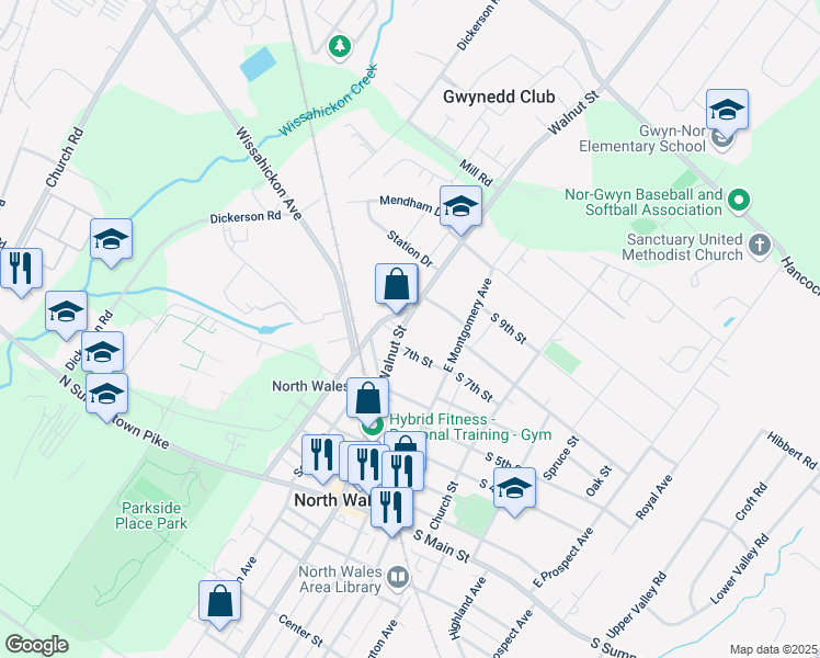 map of restaurants, bars, coffee shops, grocery stores, and more near 709 East Walnut Street in North Wales