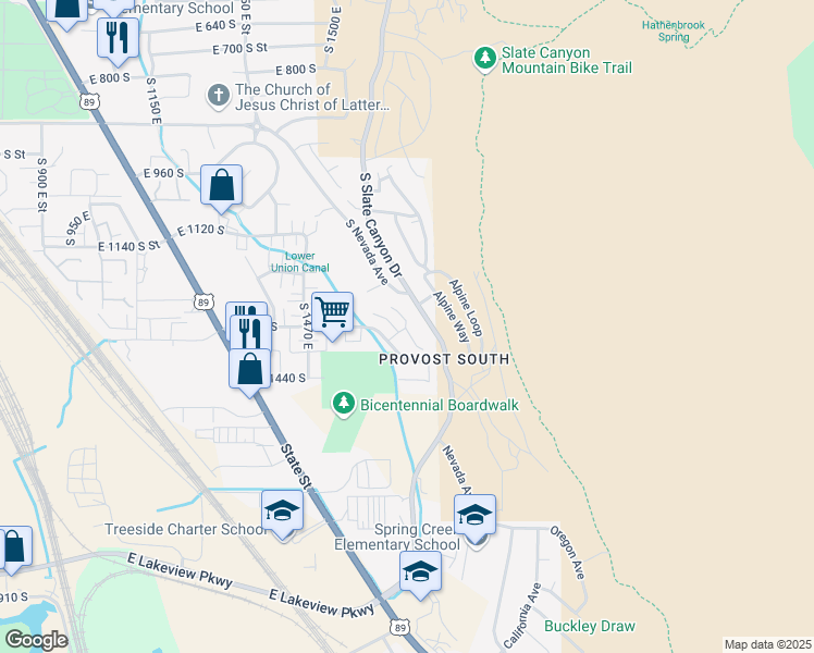 map of restaurants, bars, coffee shops, grocery stores, and more near 1389 South 1650 East in Provo