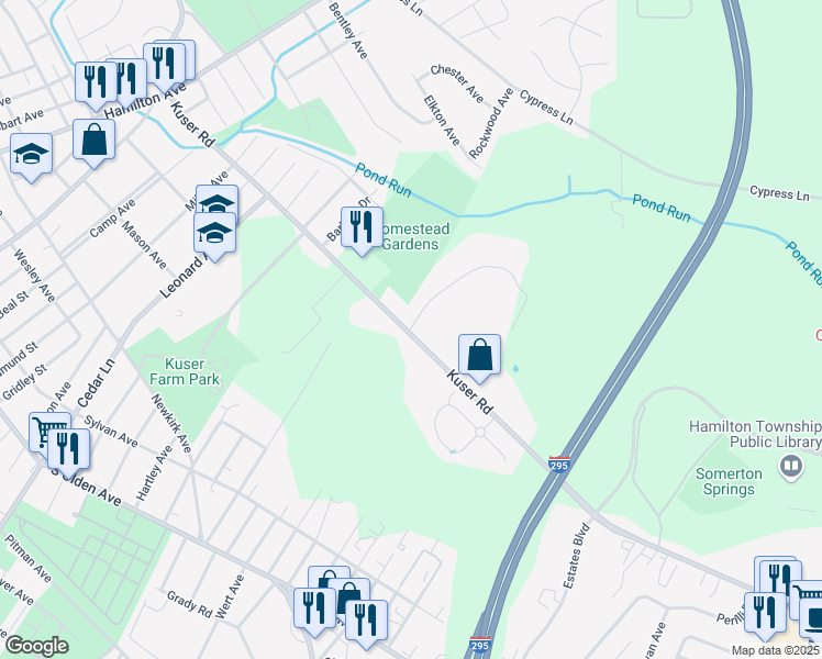 map of restaurants, bars, coffee shops, grocery stores, and more near 142 Nottinghill Lane in Hamilton Township