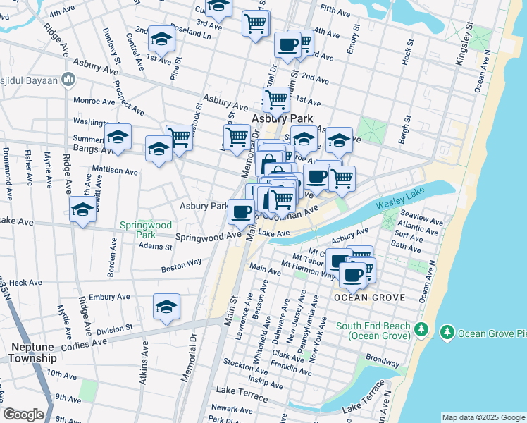 map of restaurants, bars, coffee shops, grocery stores, and more near 228 Main Street in Asbury Park