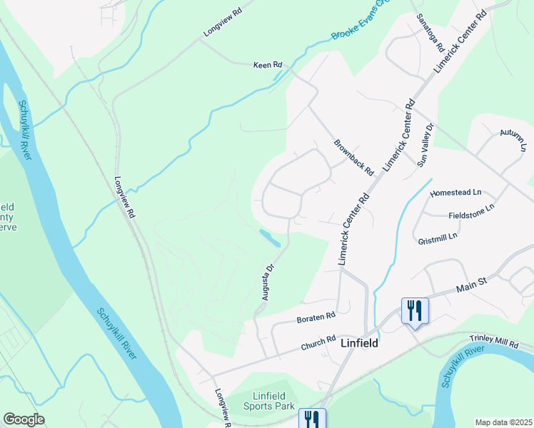 map of restaurants, bars, coffee shops, grocery stores, and more near 26 Pebble Beach Drive in Royersford