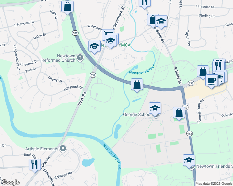 map of restaurants, bars, coffee shops, grocery stores, and more near 1603 Diamond Drive in Newtown