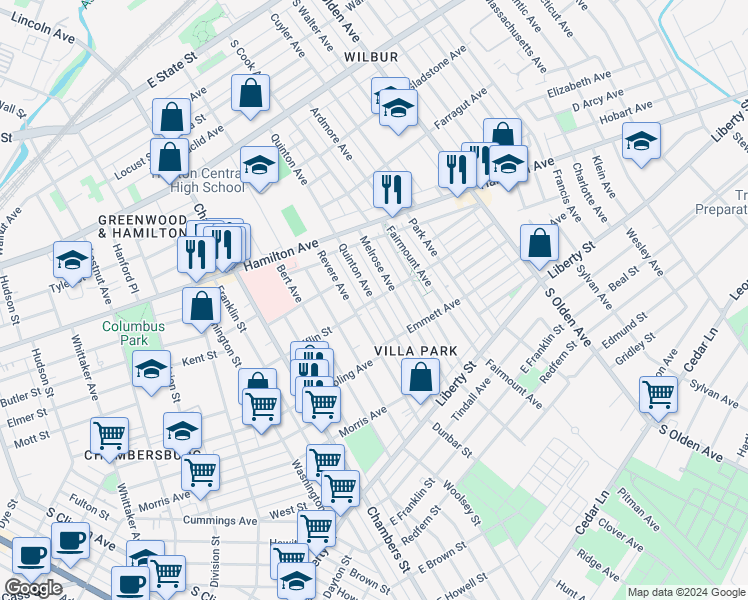map of restaurants, bars, coffee shops, grocery stores, and more near Quinton Avenue & Centennial Avenue in Trenton