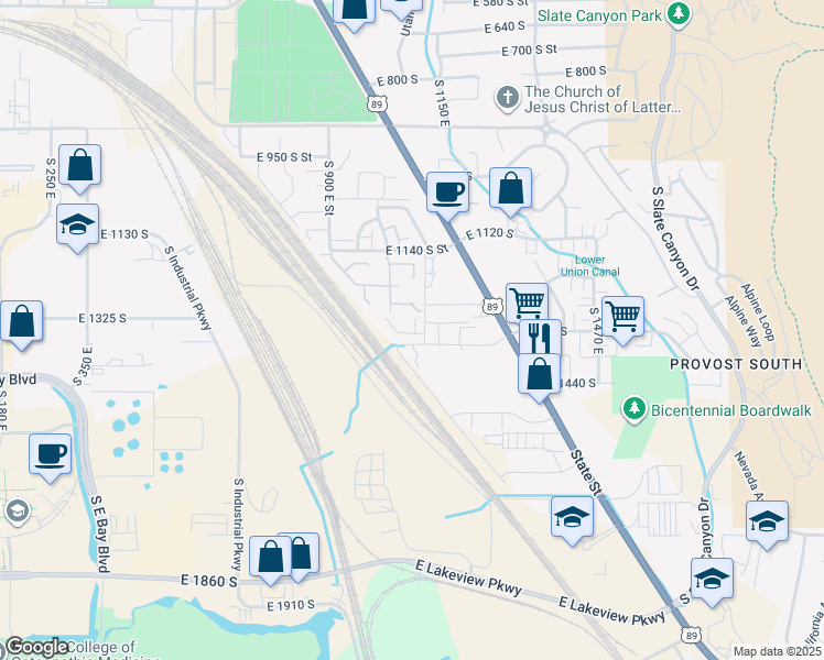 map of restaurants, bars, coffee shops, grocery stores, and more near 1296 South 1050 East in Provo