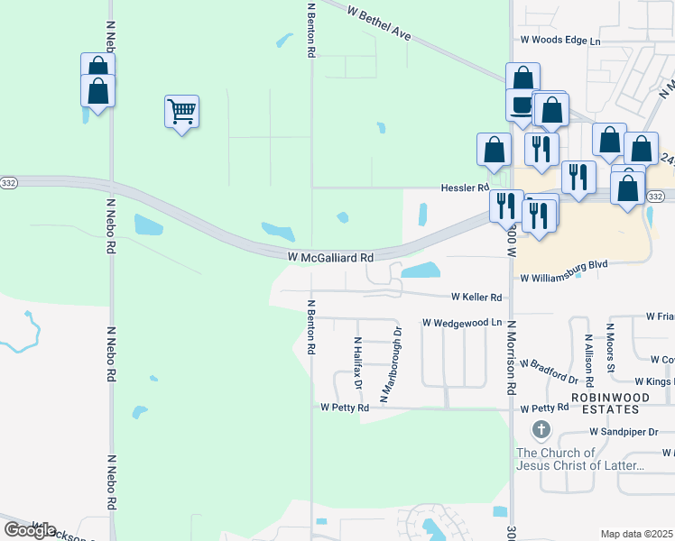 map of restaurants, bars, coffee shops, grocery stores, and more near 2801 North Kaster Court in Muncie