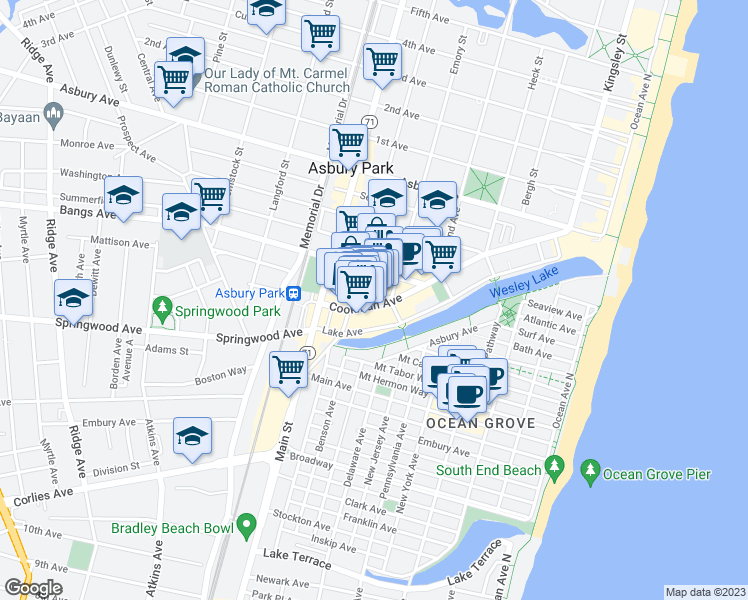 map of restaurants, bars, coffee shops, grocery stores, and more near 619 Cookman Avenue in Asbury Park